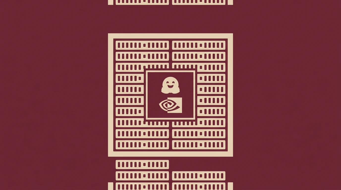 Illustration of a data center server array with a central chip featuring a ghost and eye symbol on a burgundy background.