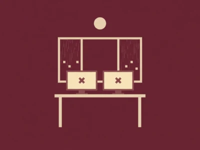 Zamknięcie dnia GPT-6 Astra blackout trzech serwisów i duchy na wiki - Promptowy Stylized icon of a person at a desk with two monitors showing X marks, indicating an error or crash.