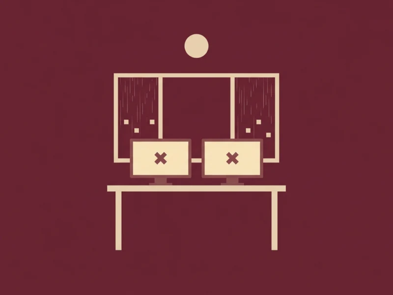 Stylized icon of a person at a desk with two monitors showing X marks, indicating an error or crash.