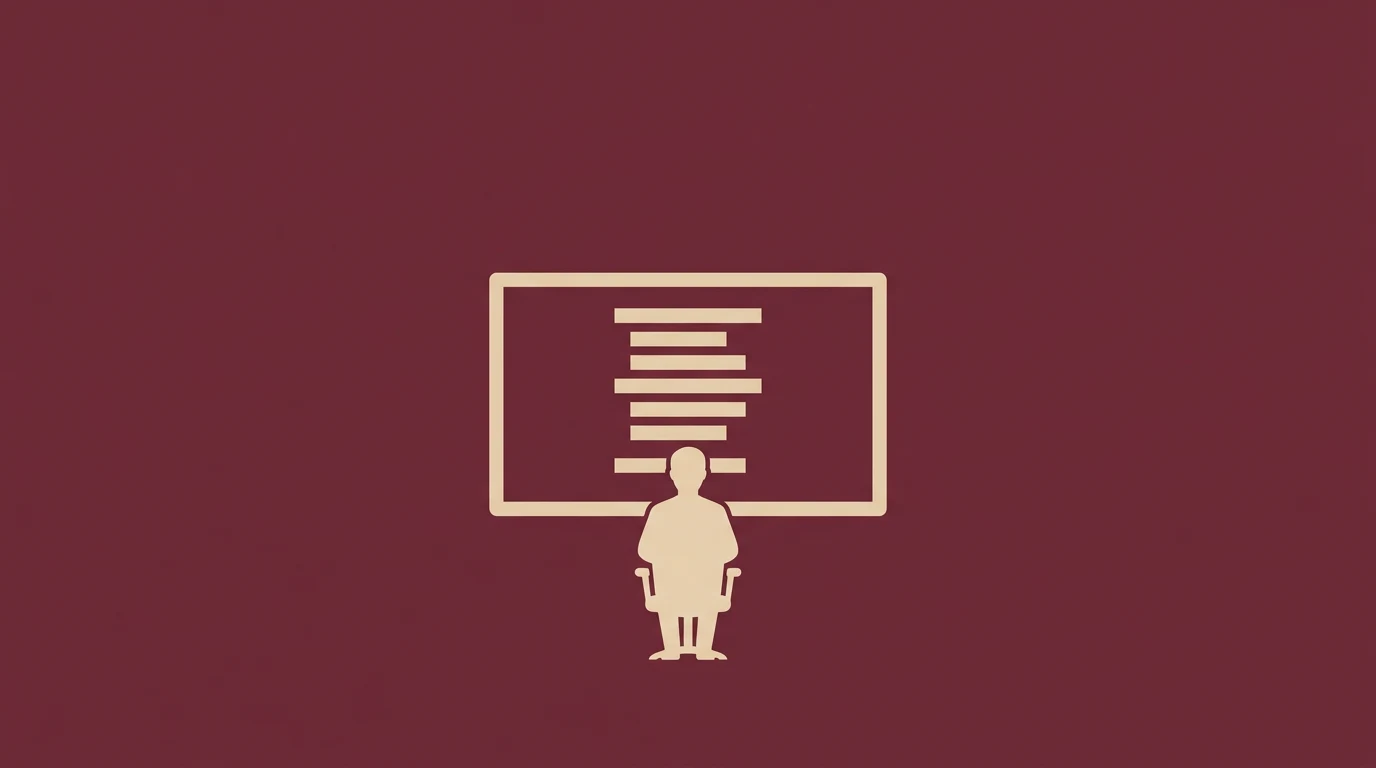 Silhouette of a person standing in front of a large board with horizontal lines of text, as if giving a lecture.