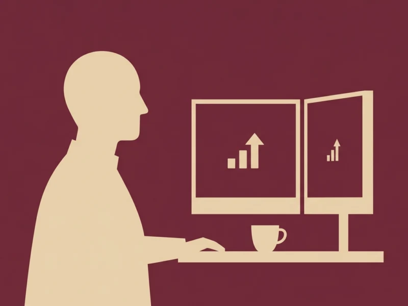 Person sitting at a desk using two monitors that show rising charts, with a cup on the desk.