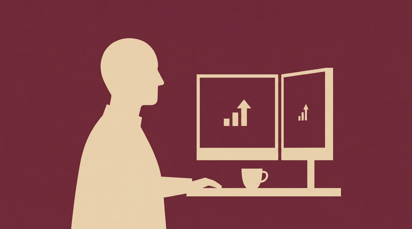 Person sitting at a desk using two monitors that show rising charts, with a cup on the desk.