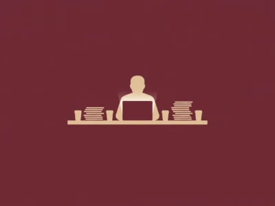 Person sits at a desk with a laptop, flanked by stacks of papers and two cups on a maroon background