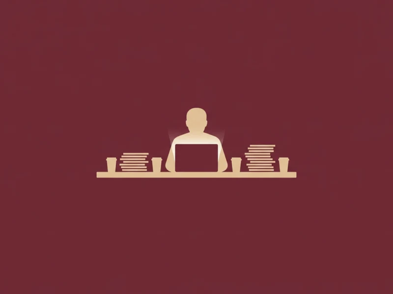 Person sits at a desk with a laptop, flanked by stacks of papers and two cups on a maroon background