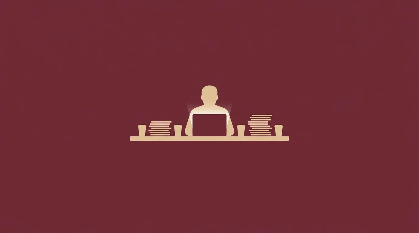 Person sits at a desk with a laptop, flanked by stacks of papers and two cups on a maroon background