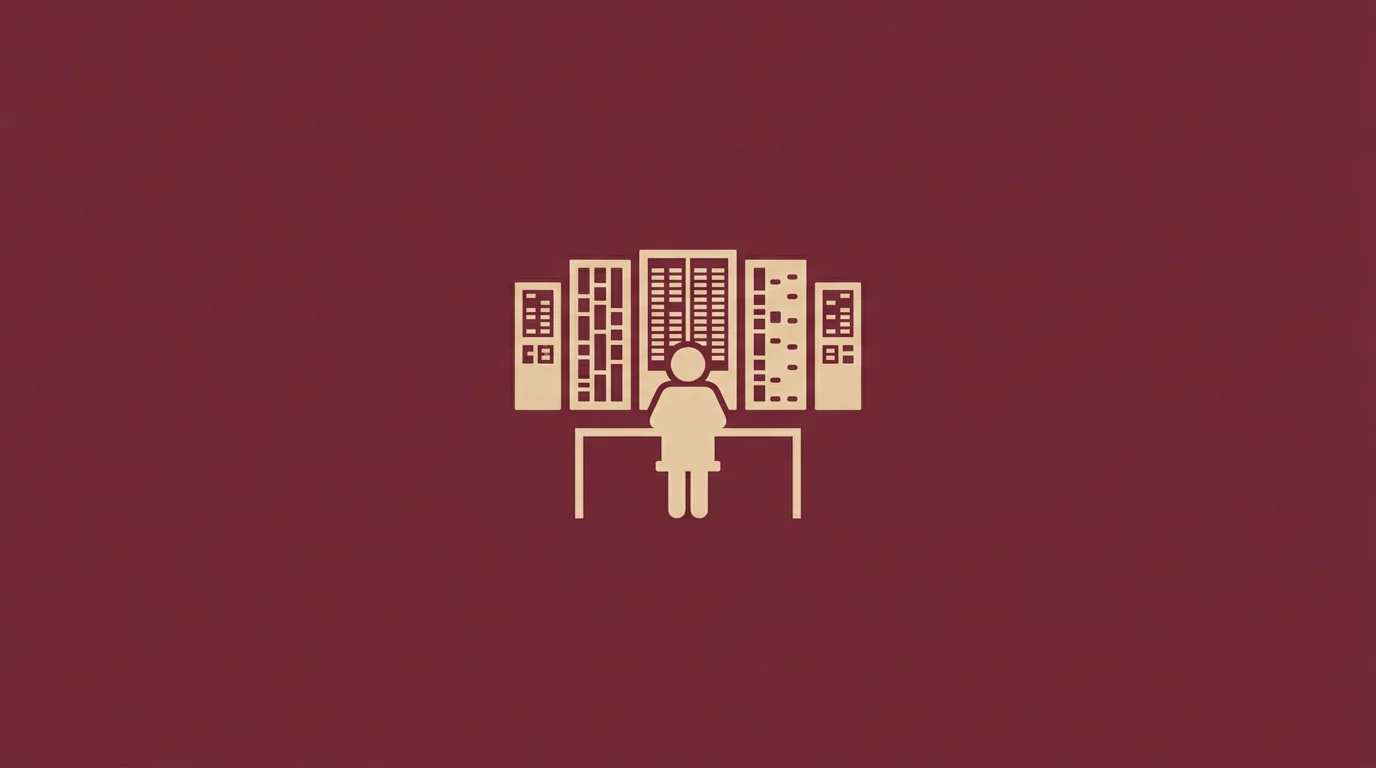 Person seated at a desk in front of multiple server racks, representing a data center operator