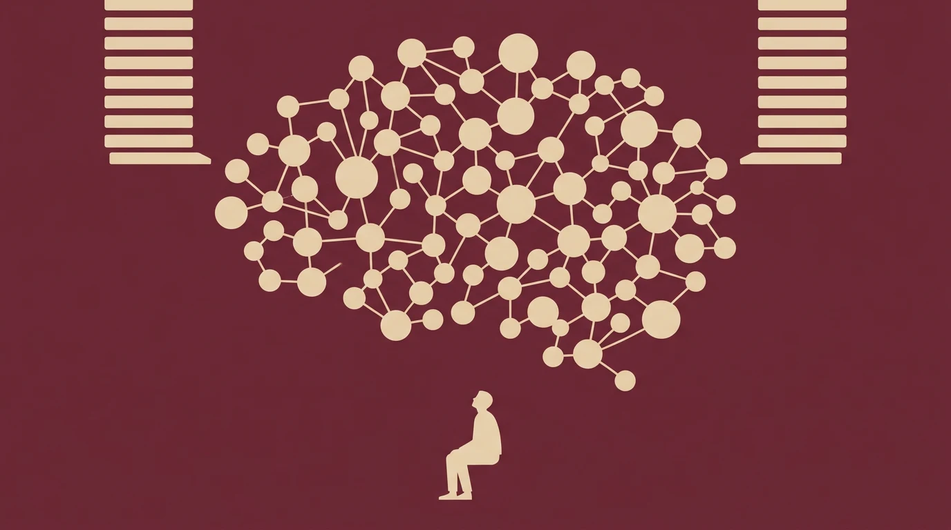 Silhouette of a person sitting and thinking beneath a large beige network of connected nodes, representing ideas or data, on a dark maroon background.
