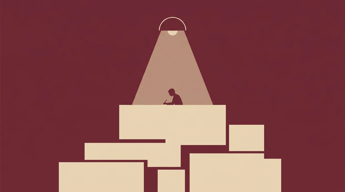 Silhouette of a person writing at a desk under a hanging lamp, atop a stack of beige blocks with a dark red background