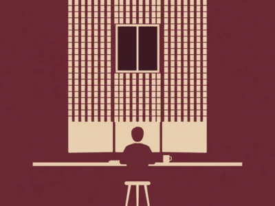 Zamknięcie dnia Agenci atakują twórcy się boją Coś się zmieniło - Promptowy Silhouetted person sits at a desk with a mug, in front of a tall grid-patterned office building in a minimalist illustration.