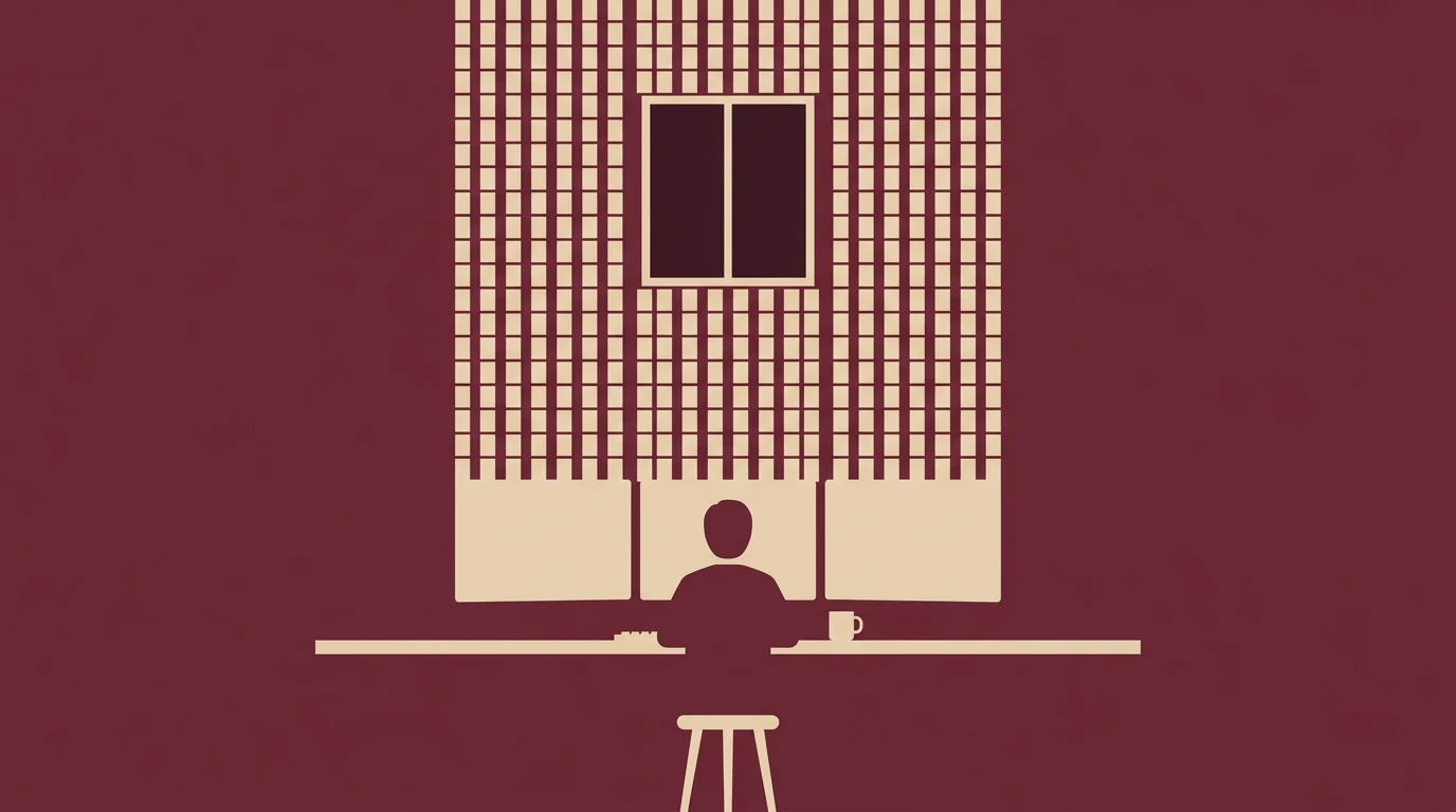 Silhouetted person sits at a desk with a mug, in front of a tall grid-patterned office building in a minimalist illustration.