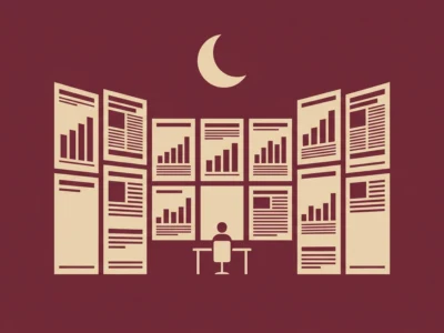 Person seated at a desk surrounded by multiple monitor panels displaying charts and graphs, under a crescent moon.