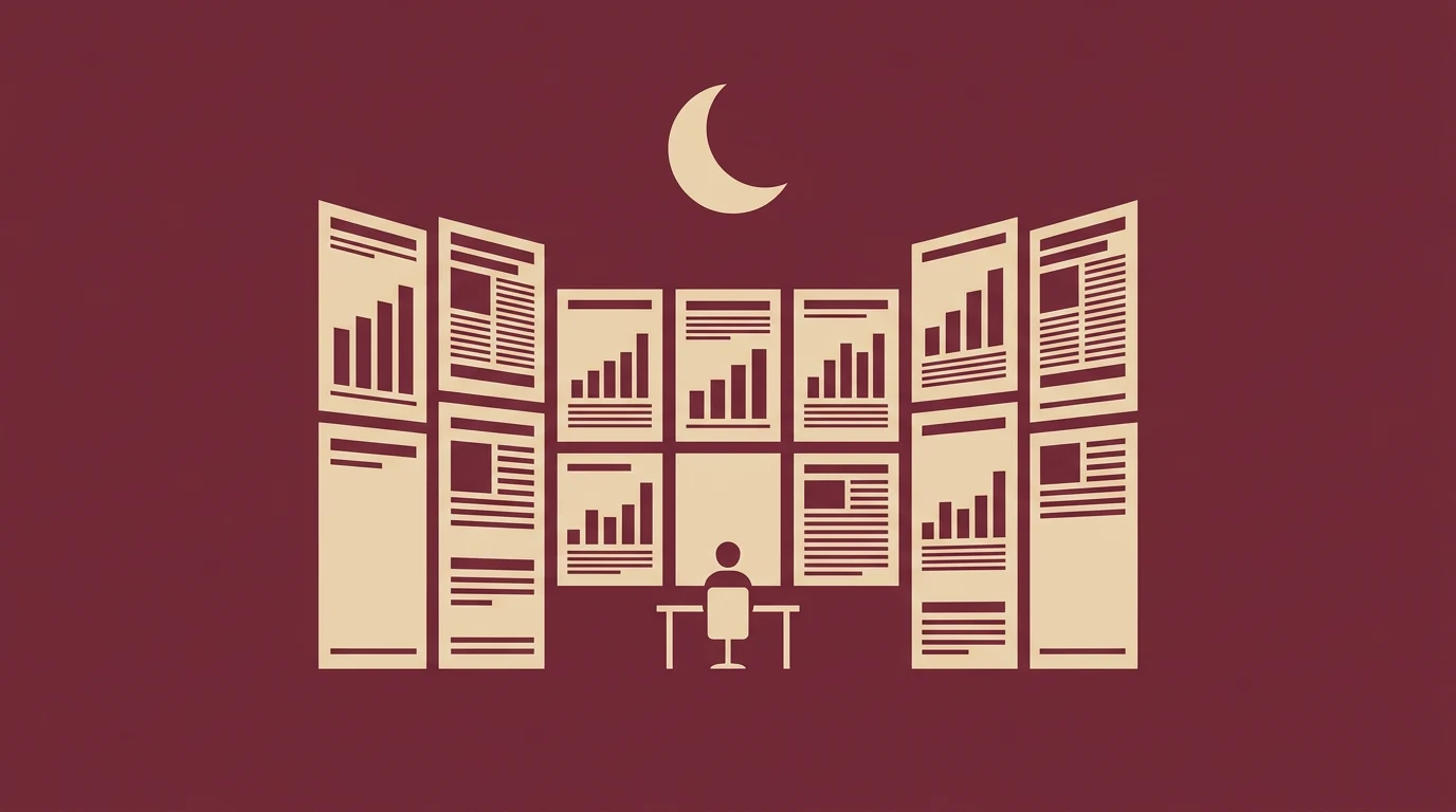 Zamknięcie dnia Hamulce AI podwyżki cen i aplikacja w Google Play - Promptowy Person seated at a desk surrounded by multiple monitor panels displaying charts and graphs, under a crescent moon.