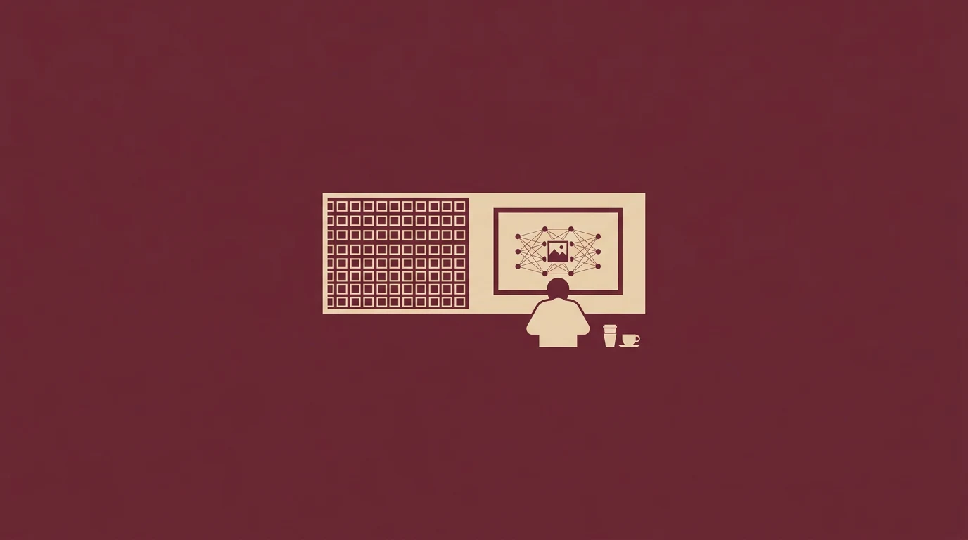 Zamknięcie dnia OpenAI kupuje obraz rynek tanie agenty zawodzą w praktyce - Promptowy Person seated at a desk facing a large monitor showing a network diagram, with a grid panel to the left and a cup nearby.