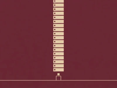 Abstract vertical stack of beige rectangles along a central axis on a burgundy background, with a small square at the bottom near a horizontal line.
