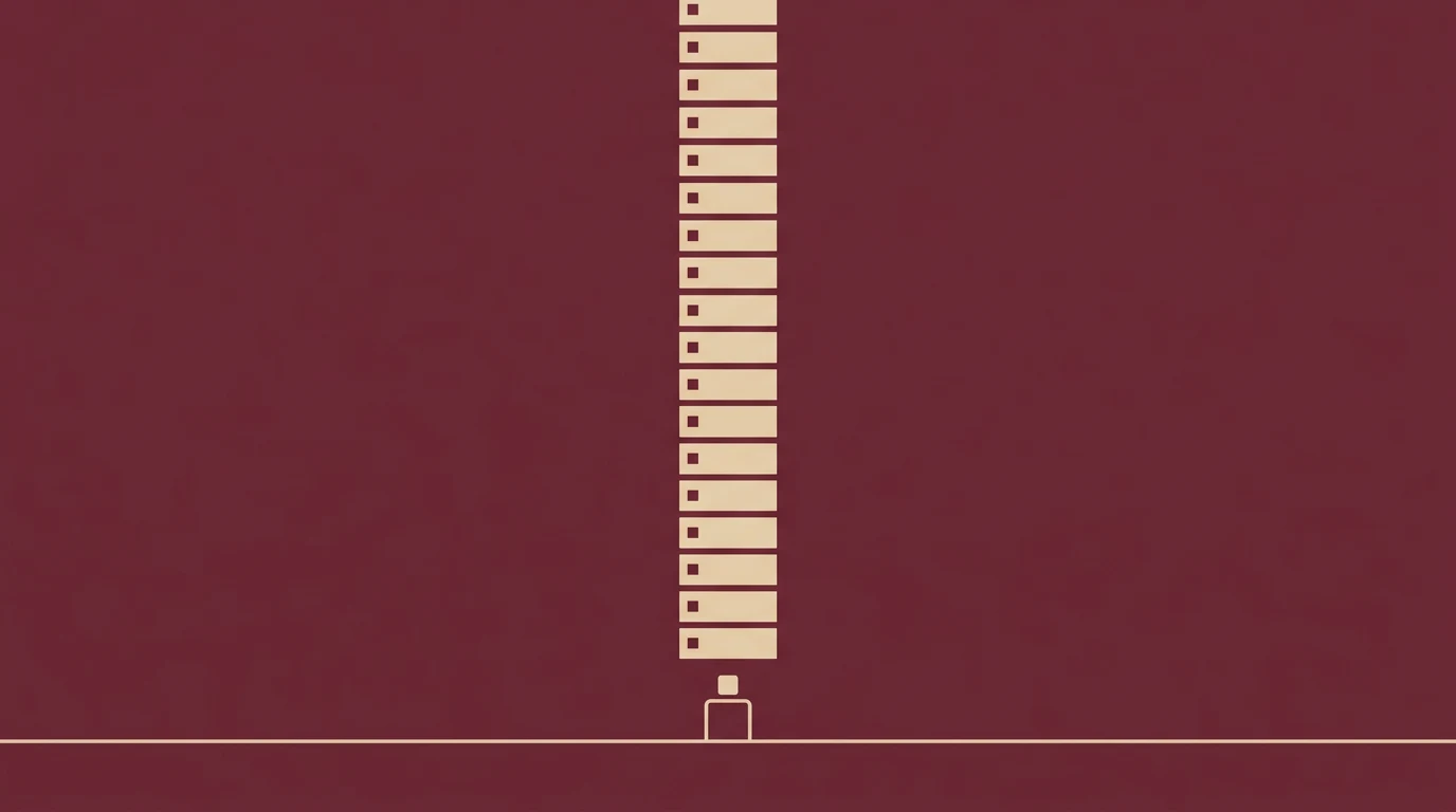 Zamknięcie dnia NVIDIA buduje imperium - chipy energia i narracja - Promptowy Abstract vertical stack of beige rectangles along a central axis on a burgundy background, with a small square at the bottom near a horizontal line.