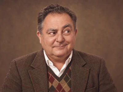 Robert Makłowicz - portret AI w stylu lat 80. - Promptowy Robert Makłowicz z ironicznym uśmiechem na brązowym tle - portret AI w stylu lat 80.