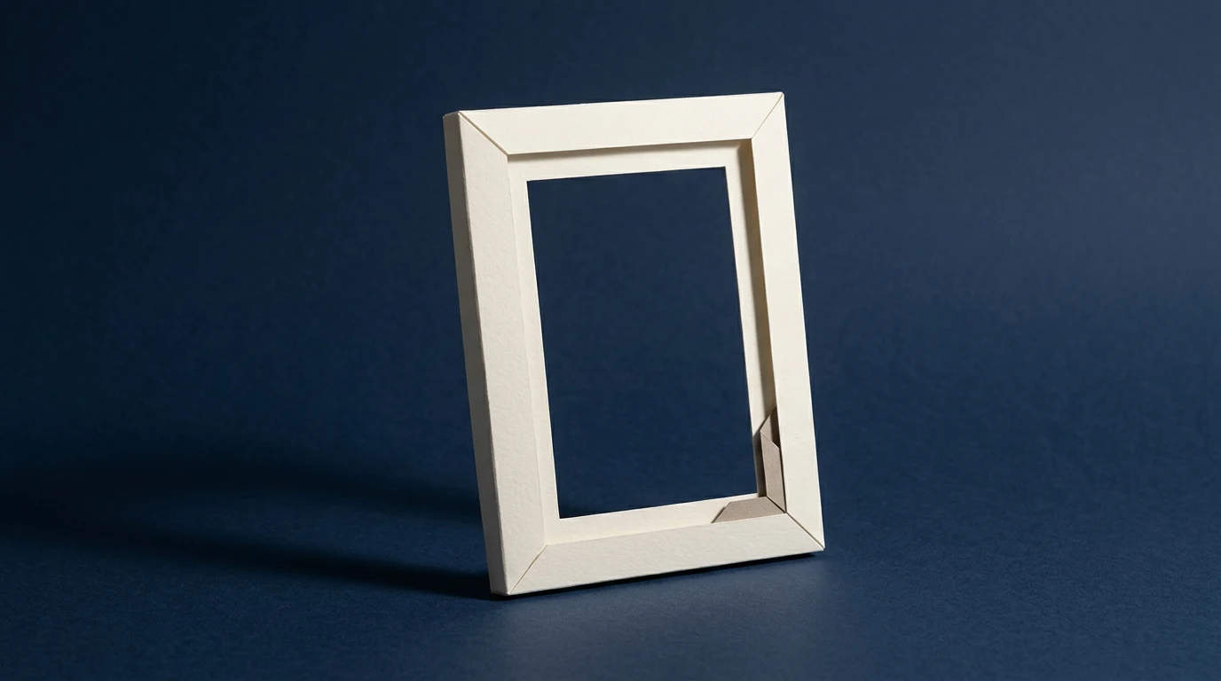 White rectangular picture frame standing upright on a dark blue surface/background with no image inside