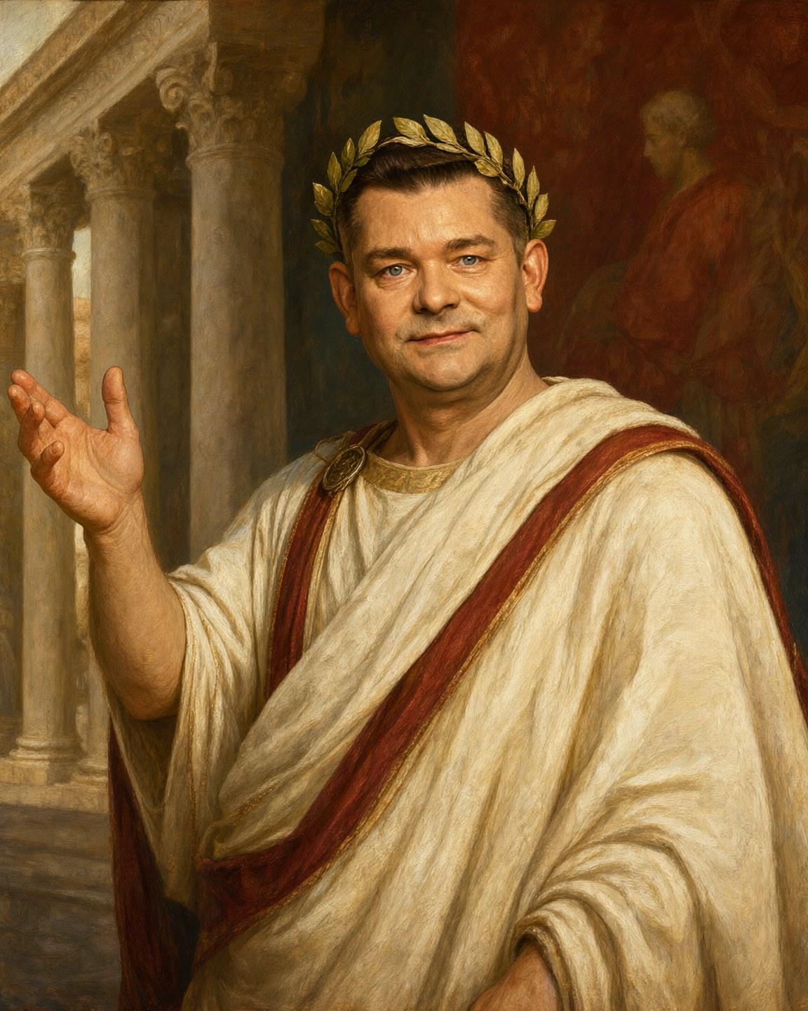 Wygenerowany portret mężczyzny w todze i wieńcu laurowym na tle marmurowej kolumnady