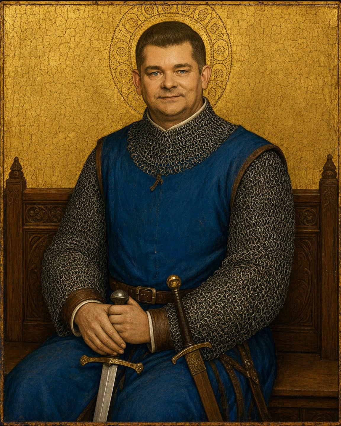 Wygenerowany gotycki portret tablicowy rycerza w kolczudze na złotym tle