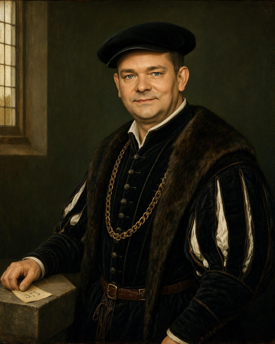 Wygenerowany renesansowy portret mężczyzny w czarnym kaftanie ze złotym łańcuchem