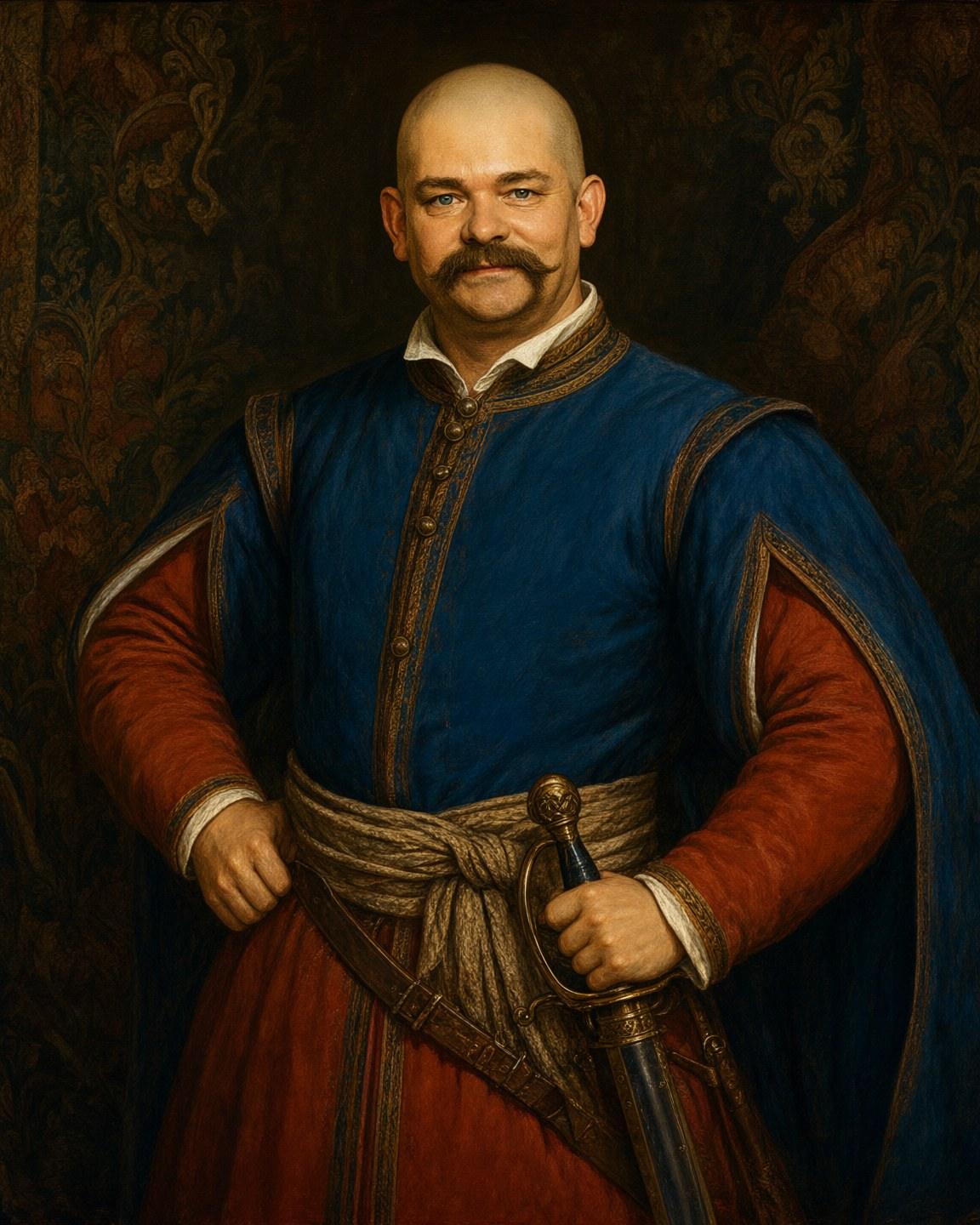 Wygenerowany barokowy portret szlachcica w kontuszu z szablą