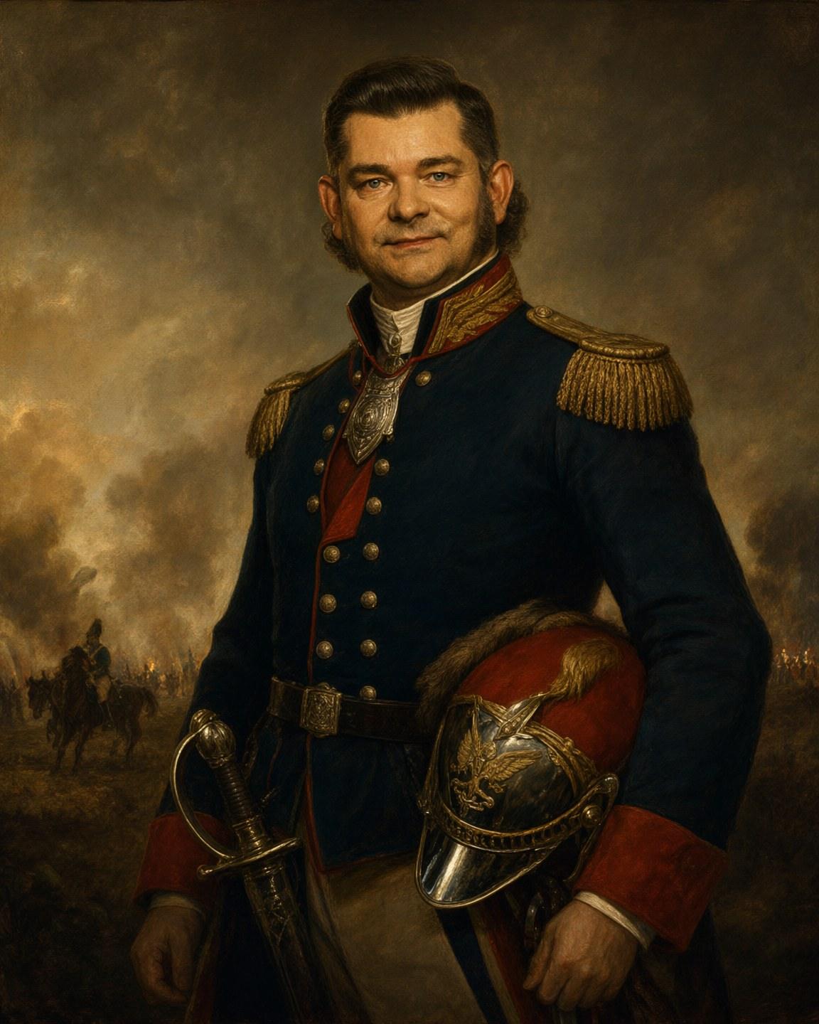 Wygenerowany portret oficera w mundurze z epoki napoleońskiej na tle pola bitwy