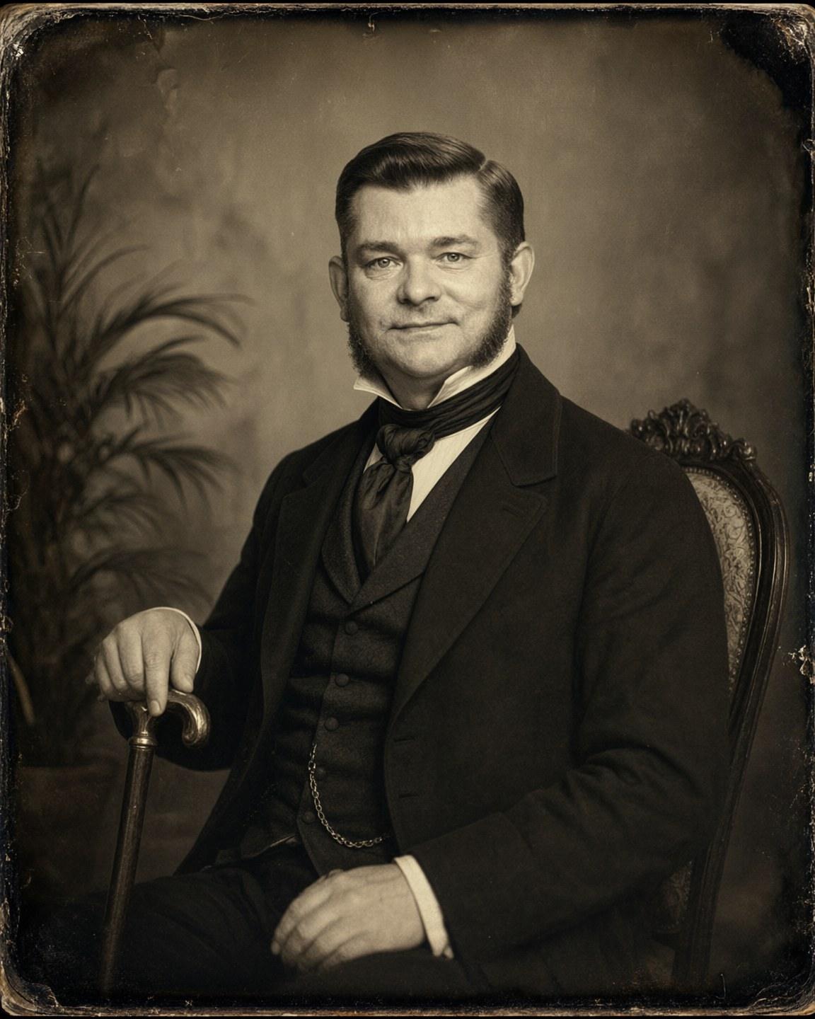 Wygenerowany portret w stylu dawnej fotografii sepiowej, mężczyzna w surducie z laską
