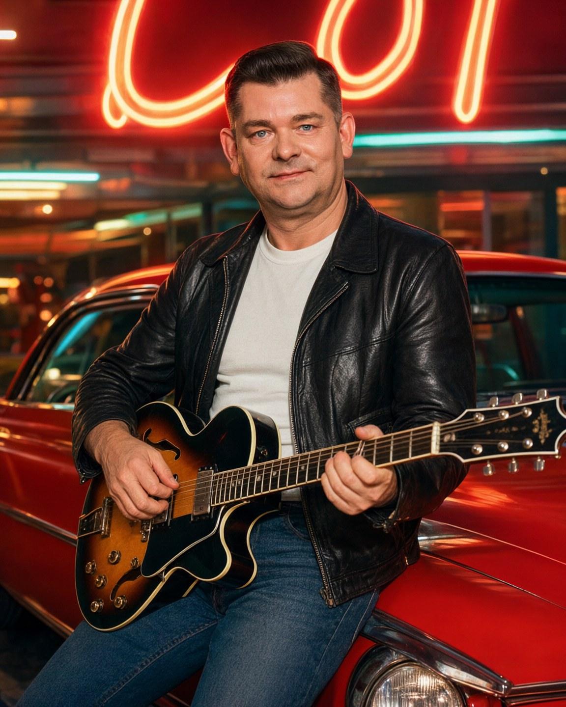 Wygenerowane kolorowe zdjęcie mężczyzny w skórzanej kurtce z gitarą przy czerwonym samochodzie