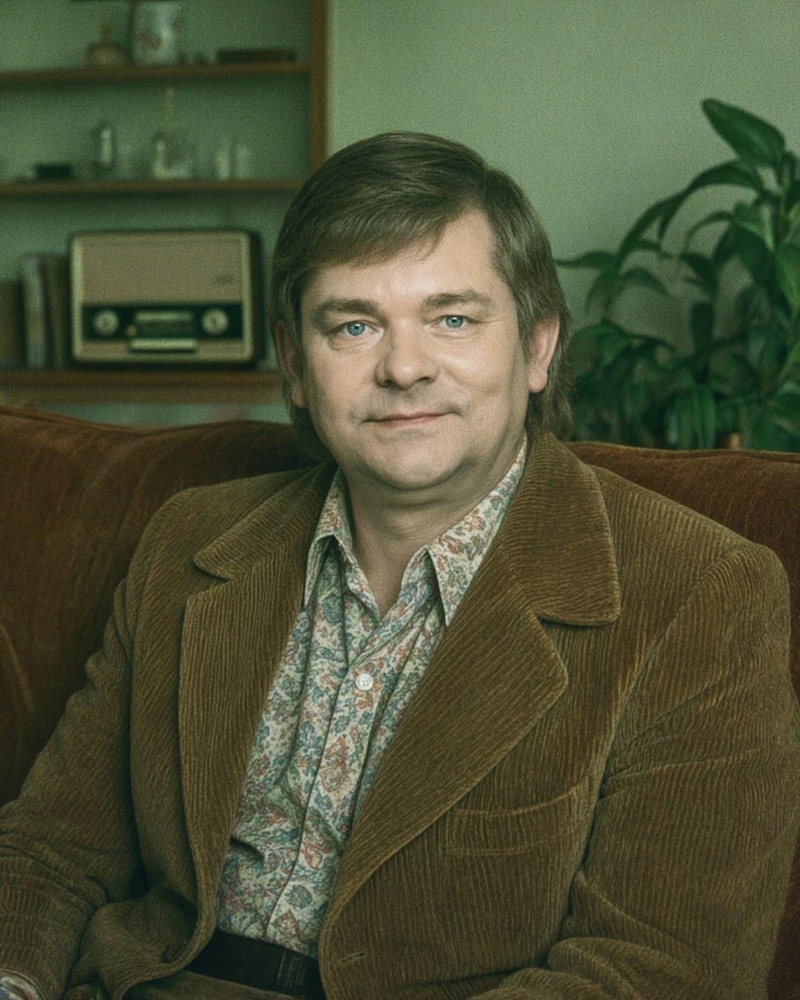 Wygenerowane zdjęcie w stylu wyblakłego filmu z lat siedemdziesiątych, mężczyzna w sztruksowej marynarce na kanapie
