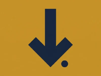 Download icon: a dark blue downward arrow with a dot on an orange background, indicating a download action