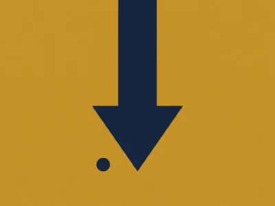 Large dark blue downward arrow pointing toward a small dot on a mustard yellow background.