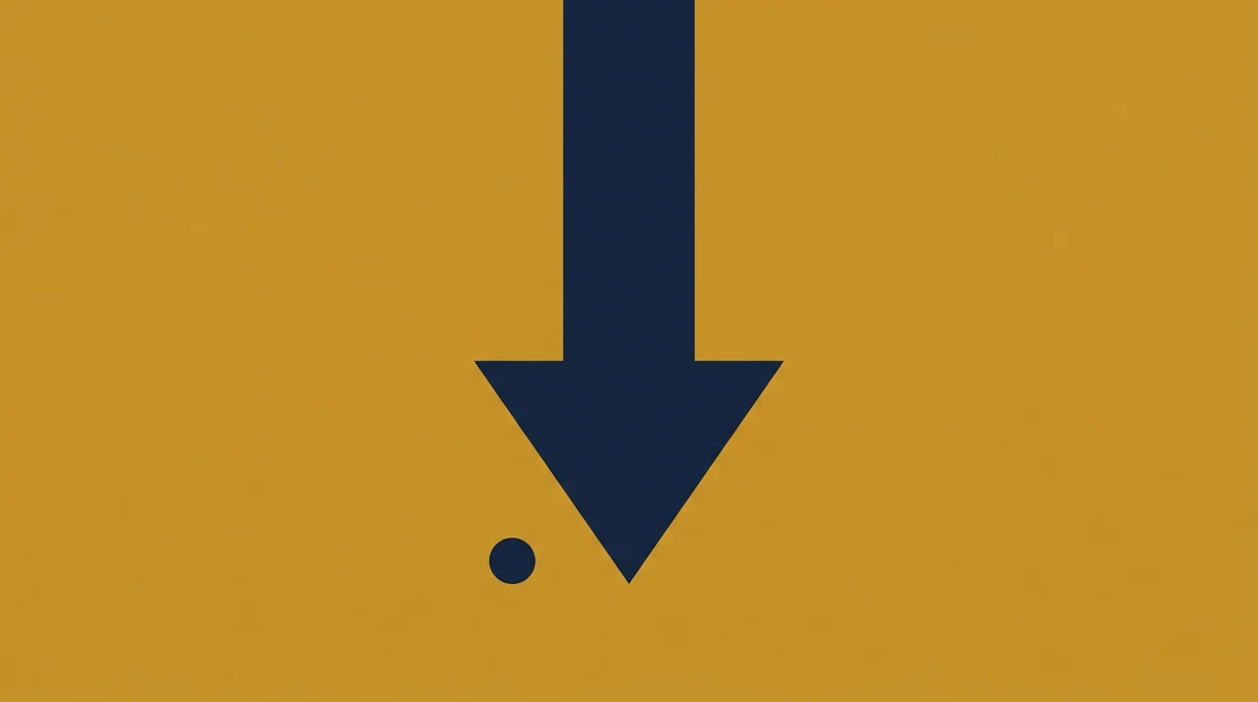 zmiana-cen-deepseek-v4-flash-3 - Promptowy Large dark blue downward arrow pointing toward a small dot on a mustard yellow background.
