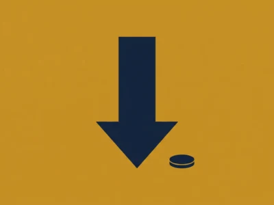 Navy downward arrow with a small disk on an orange background, indicating download.