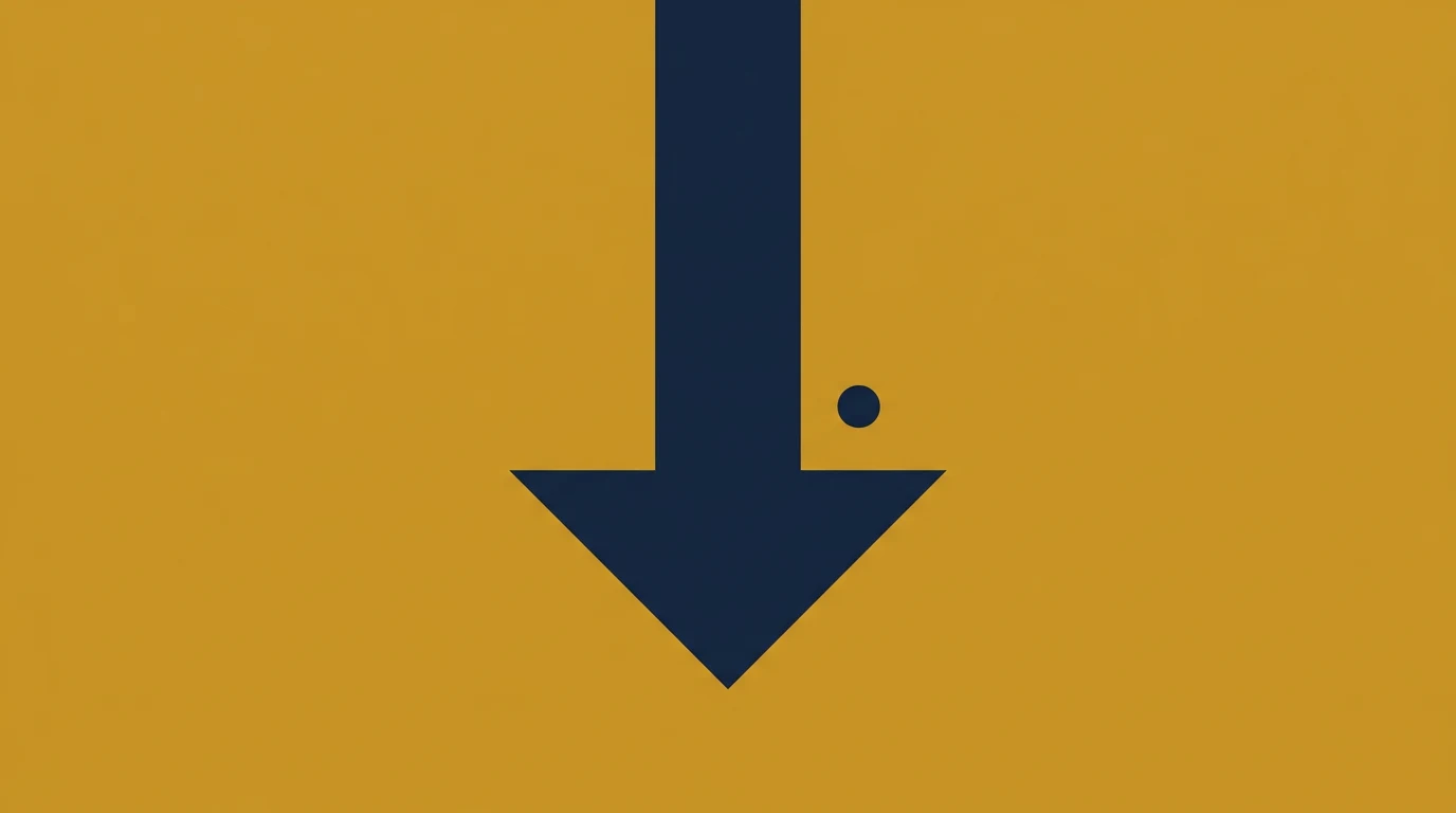 Downward navy arrow on an orange background, with a small dark dot to the right of the arrow.