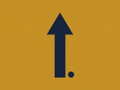 Upward navy arrow with a small navy dot to its lower-right on an orange background (arrow/upload symbol).