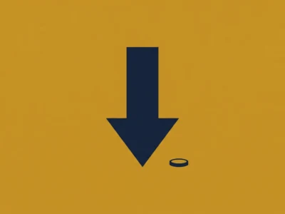 Large navy downward arrow pointing toward a small circular disc on an orange background, implying a download action.