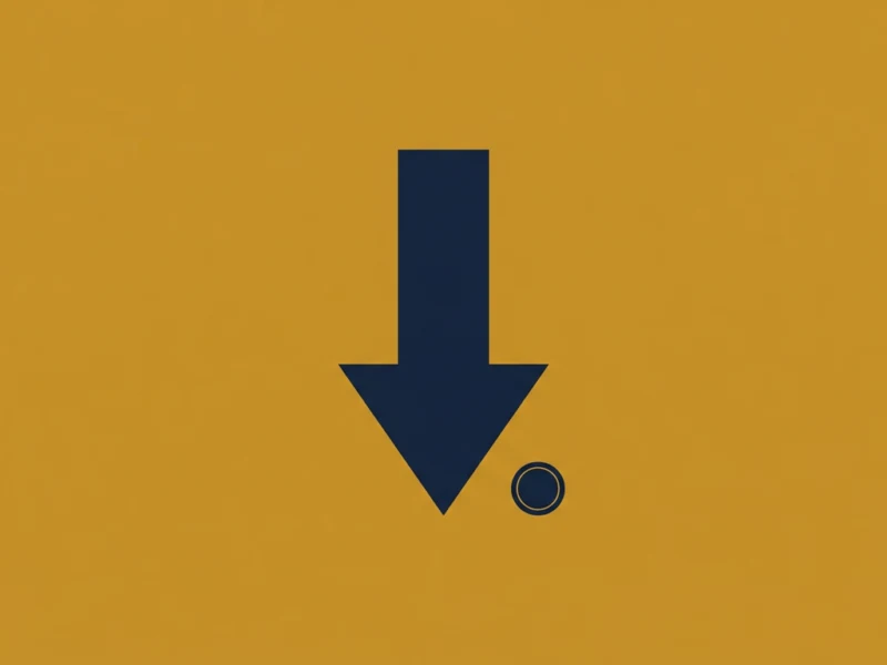 Large navy downward arrow on an orange background with a small hollow circle to the bottom-right.