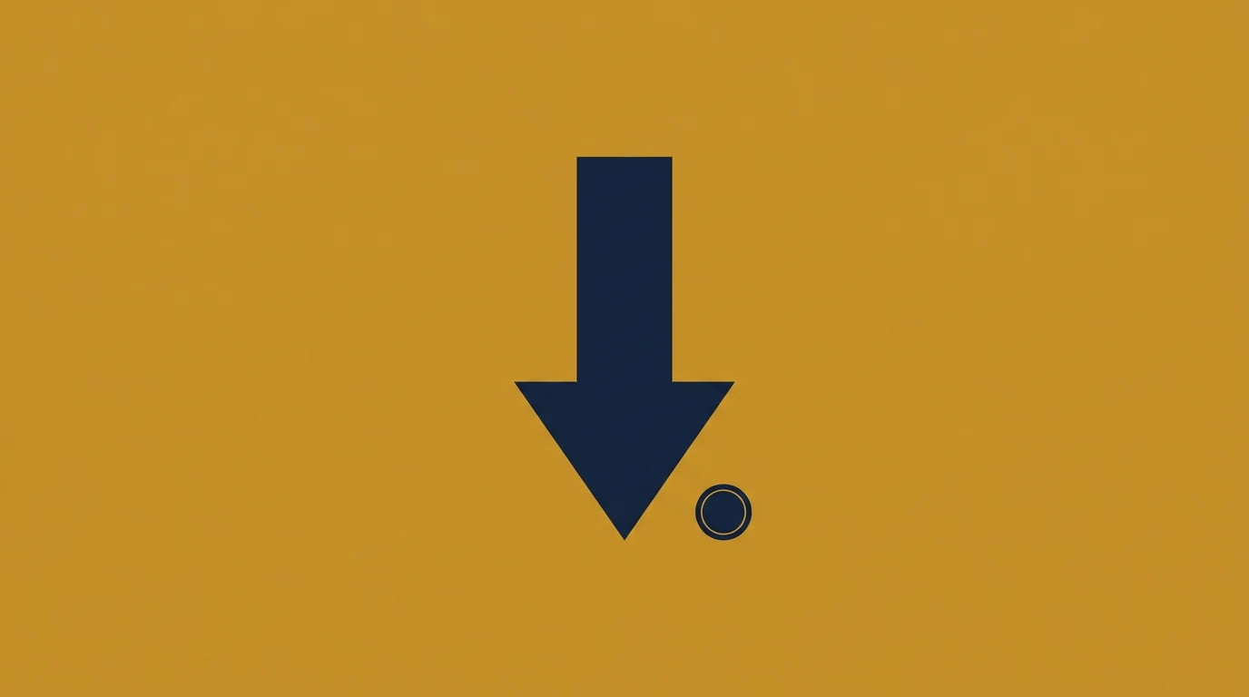 Large navy downward arrow on an orange background with a small hollow circle to the bottom-right.