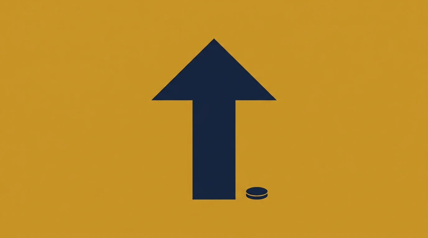 Upward navy arrow with a small database disk to its right on an orange background, indicating data upload.