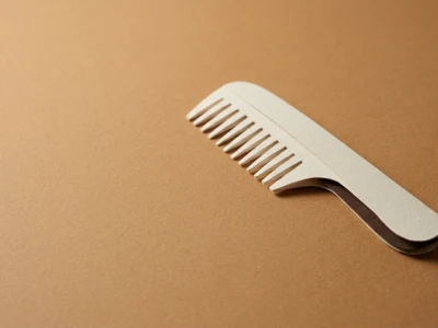 Zmiana koloru włosów w AI polecenie po którym nie wygląda to jak peruka - Promptowy Plastic comb-like tool with evenly spaced teeth on a plain brown surface; a simple hair or grooming accessory in view.