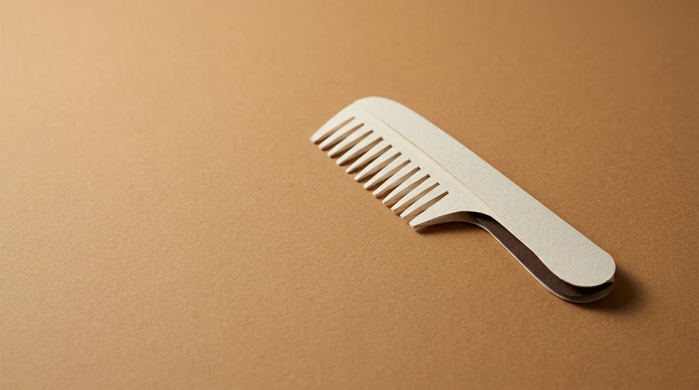 Plastic comb-like tool with evenly spaced teeth on a plain brown surface; a simple hair or grooming accessory in view.