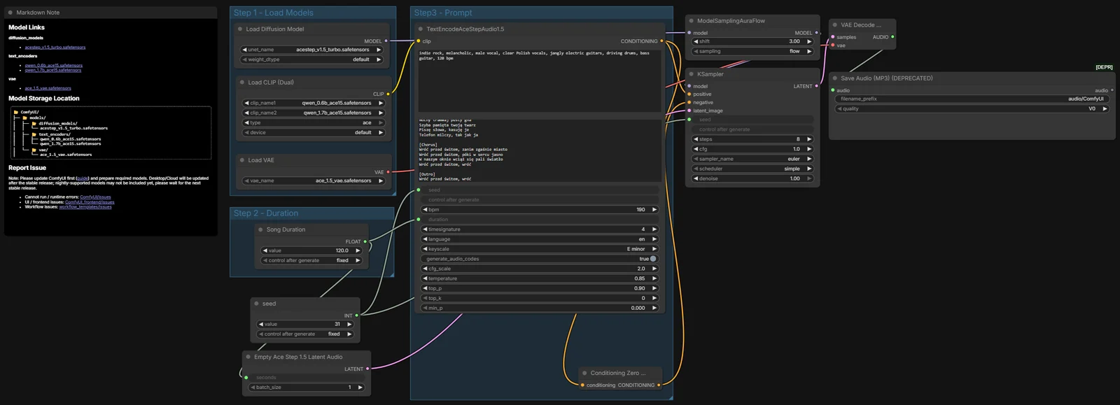 Workflow ACE-Step 1.5 w ComfyUI: modele, długość utworu, opis stylu i tekst piosenki