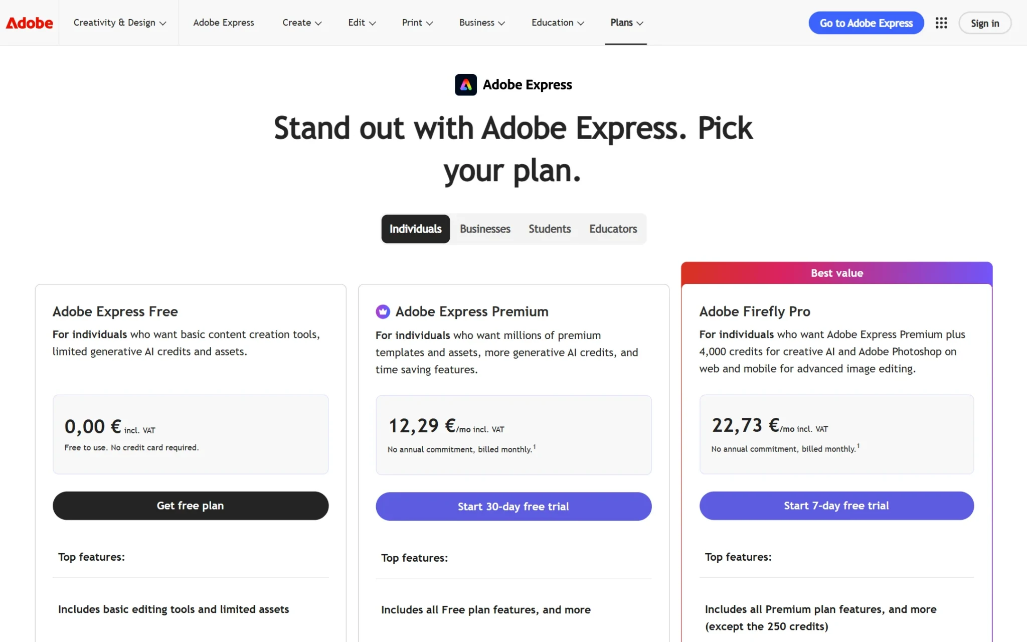 Cennik Adobe Express: Free 0 euro, Premium 12,29 euro miesięcznie, Firefly Pro 22,73 euro miesięcznie