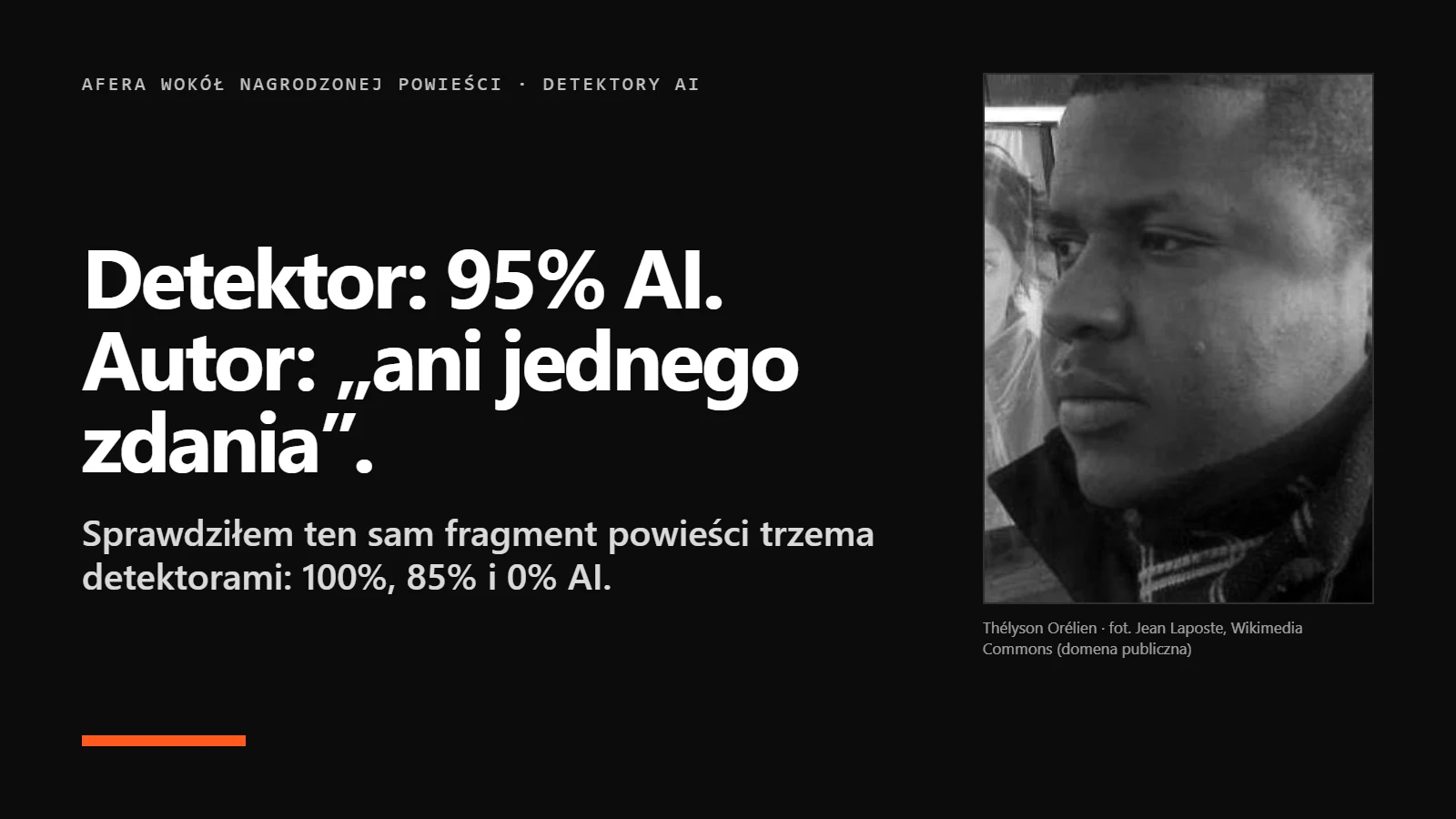 Napis Detektor: 95% AI. Autor: ani jednego zdania - obok archiwalne zdjęcie Thélysona Oréliena