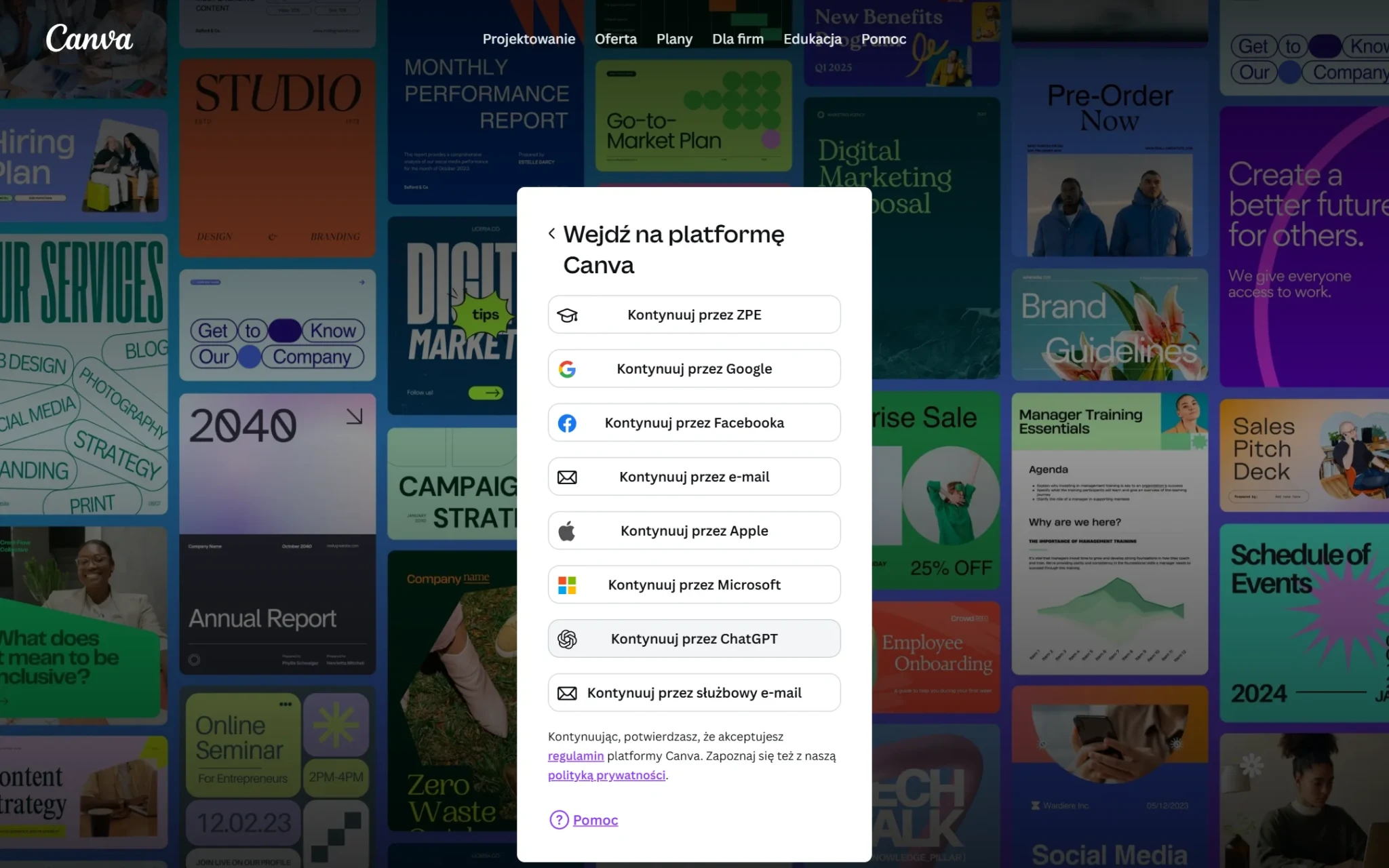 Ekran logowania Canva z przyciskami: ZPE, Google, Facebook, e-mail, Apple, Microsoft, ChatGPT i służbowy e-mail