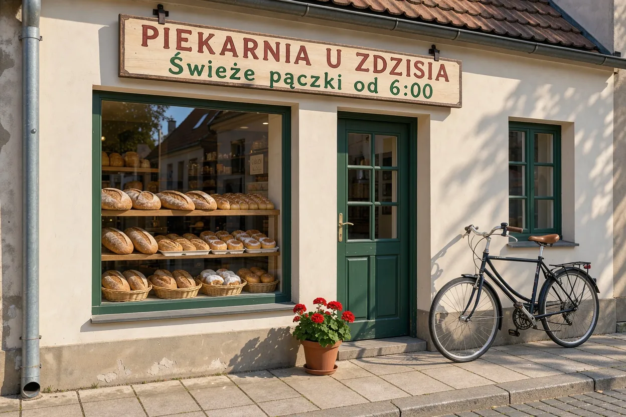Zdjęcie wejściowe (FLUX 3 Image): szyld „PIEKARNIA U ZDZISIA”