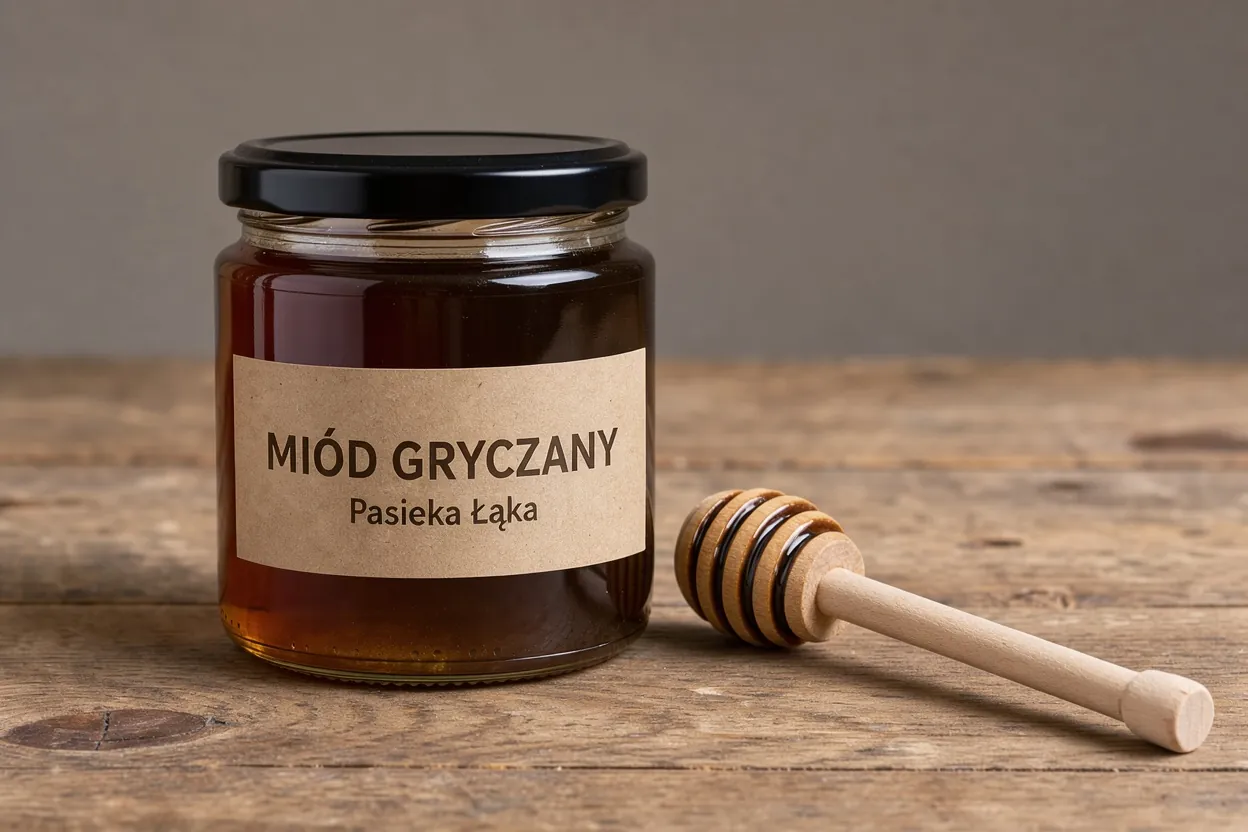 Obraz wejściowy FLUX 3 Image: czytelna etykieta, szkło i drewniana łyżka