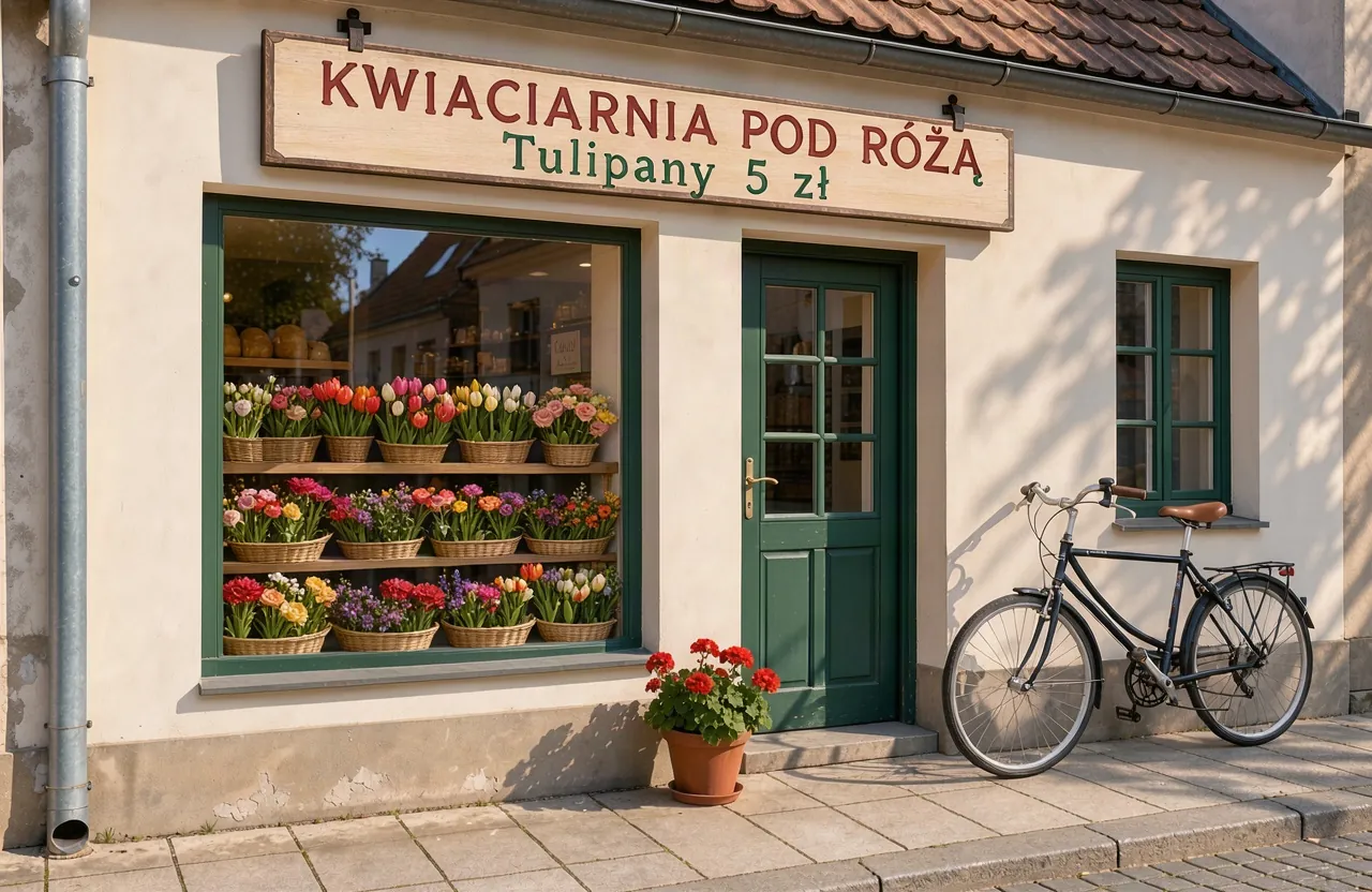 FLUX 3 Klein Edit: „KWIACIARNIA POD RÓŻĄ / Tulipany 5 zł”, kwiaty w oknie