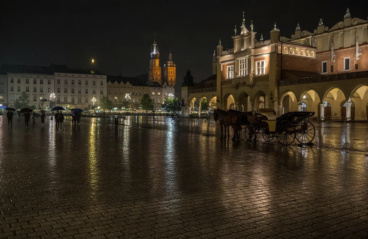 Skrót promptu: Nocny Rynek w Krakowie po deszczu, Mariacki w tle