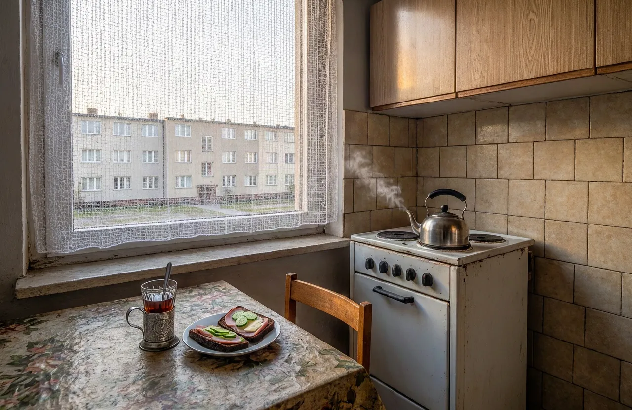 Skrót promptu: Kuchnia w bloku, czajnik, szklanka herbaty w koszyczku